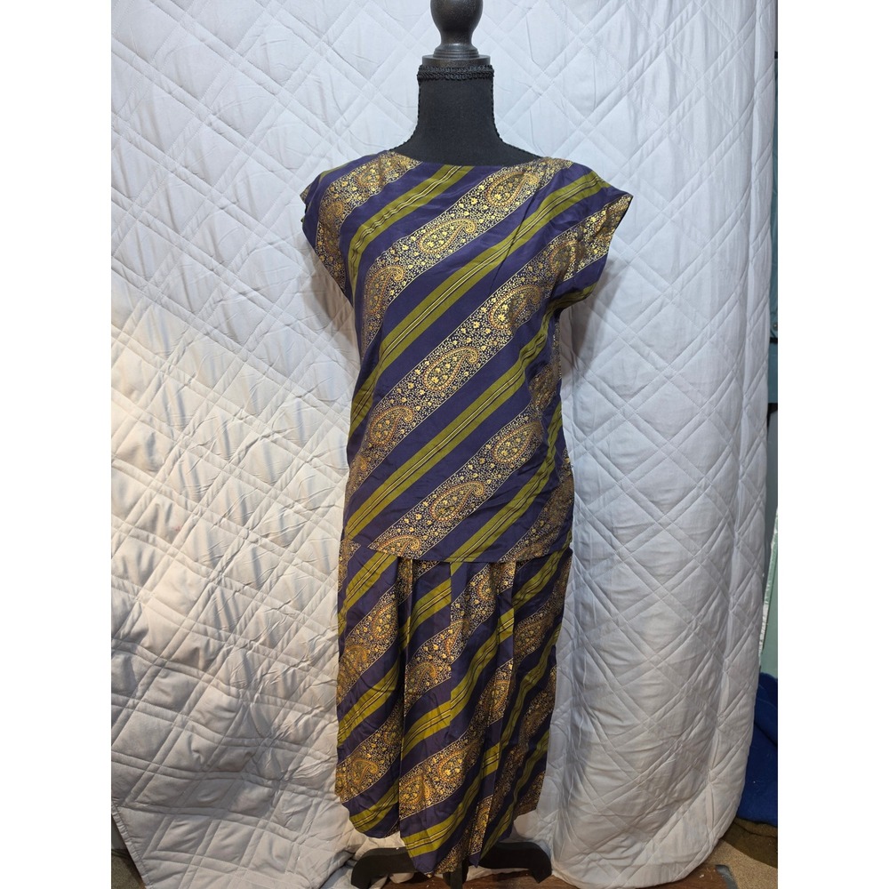 Roland Klein Marcel Fenez Vintage Silk 2pc Top Skirt Set Paisley Navy Gold 8